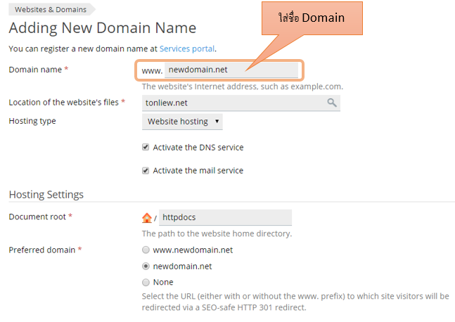 วิธี Add Domain ลงใน Plesk : 3 enter your domain name in the fill