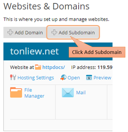วิธี Add Subdomain ลงใน Plesk Control Panel : Click Add subdomain 