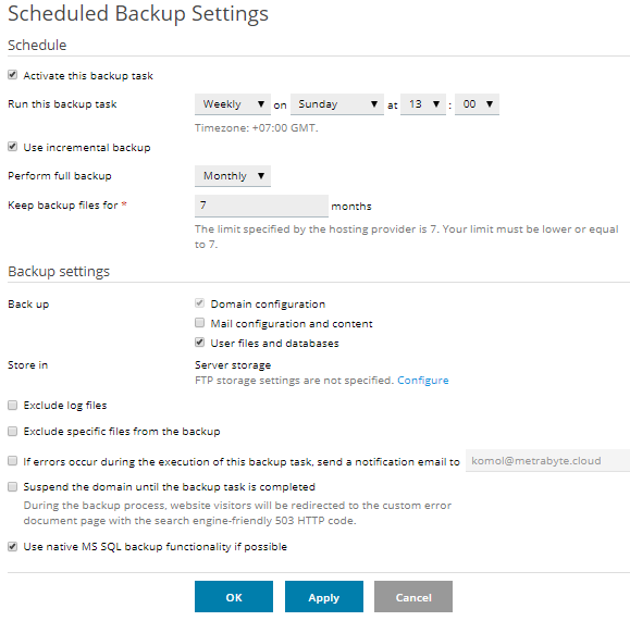 วิธี Backup สำรองข้อมูลบน Plesk Control Panel way2 : select option like image , click apply and ok